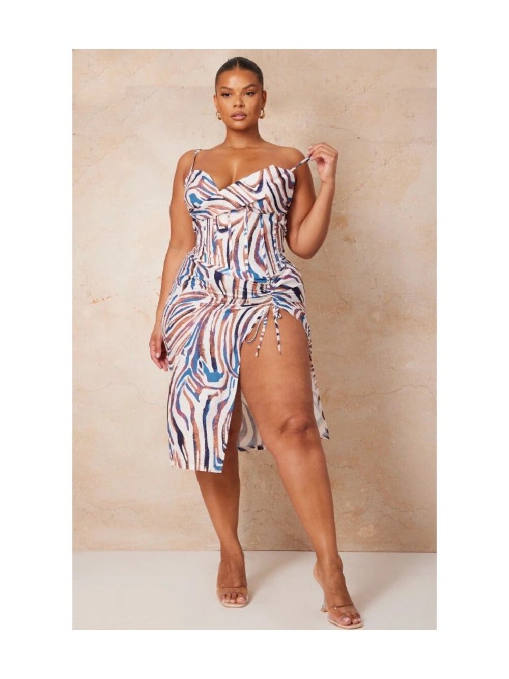 NWT PrettyLittleThing Blue Zebra Cowl Ruched Midi Dress Plus Size 26 Party Wear